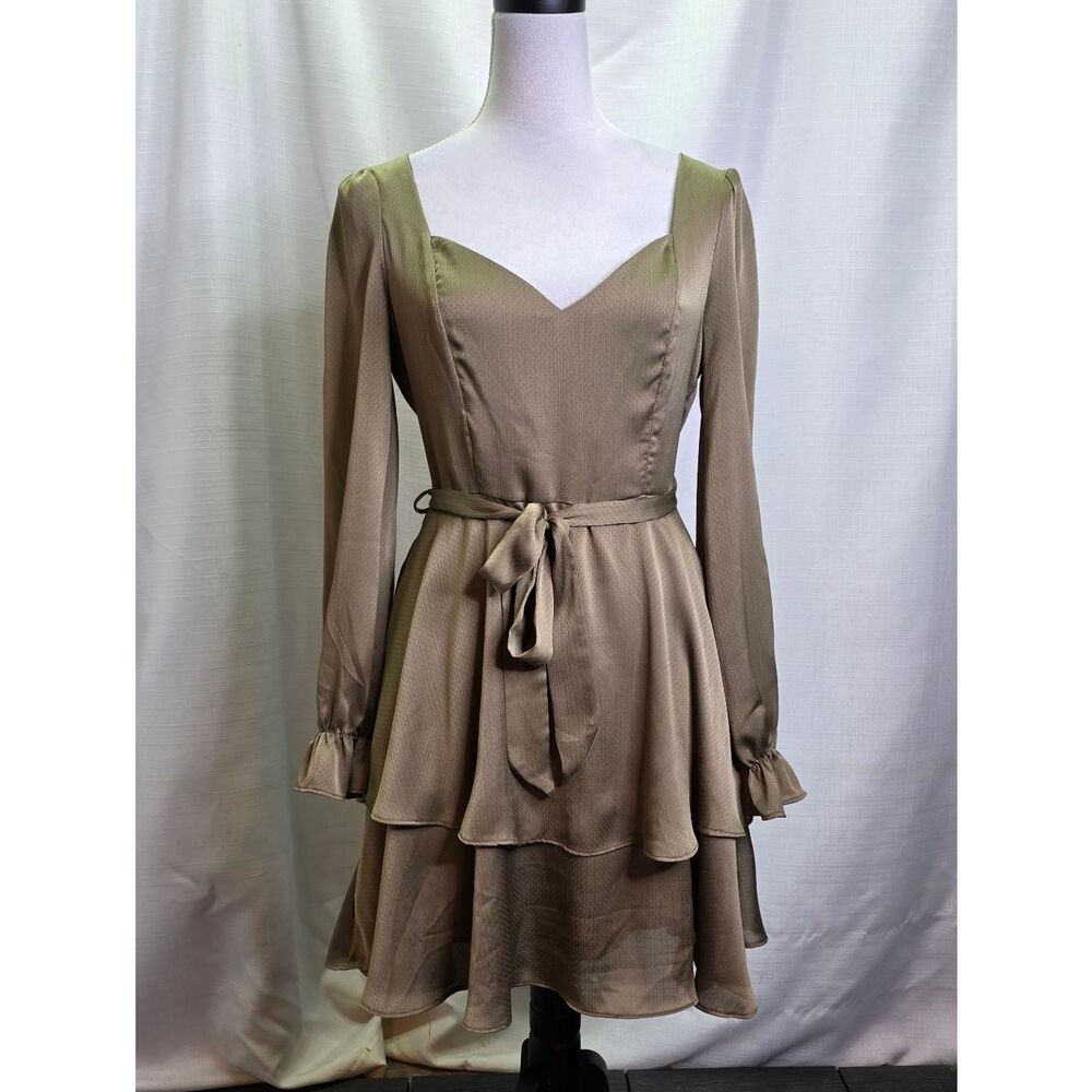 Altar'd State Green Satin Long Sleeve Ruffle Midi Dress Size Large